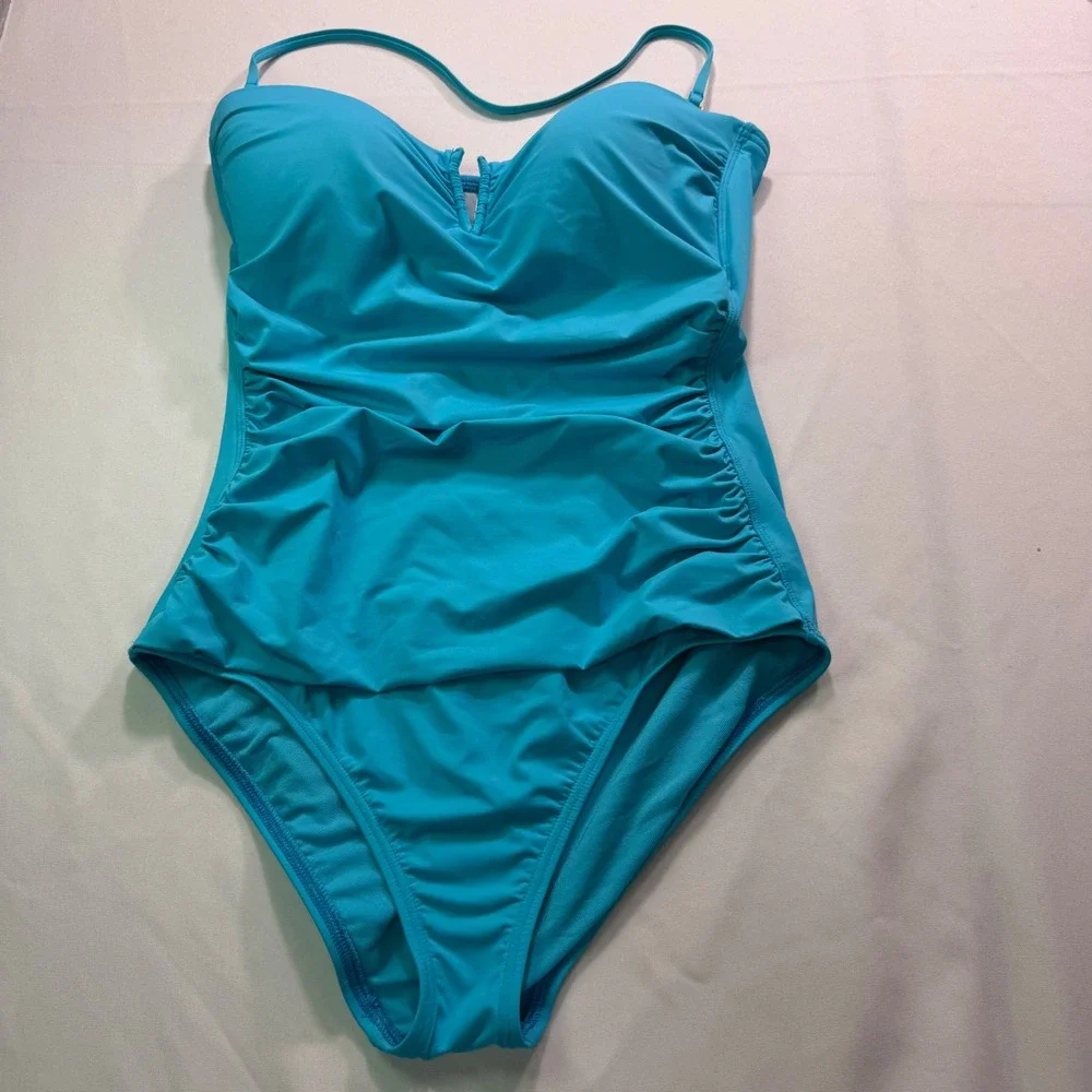 Tommy Bahama Womens Turquoise Ruched One Piece Swimsuit TSW31024P Size 10